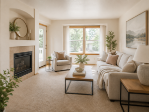 Bright Denver living room staged and ready, showing Colorado light for getting your home ready to sell