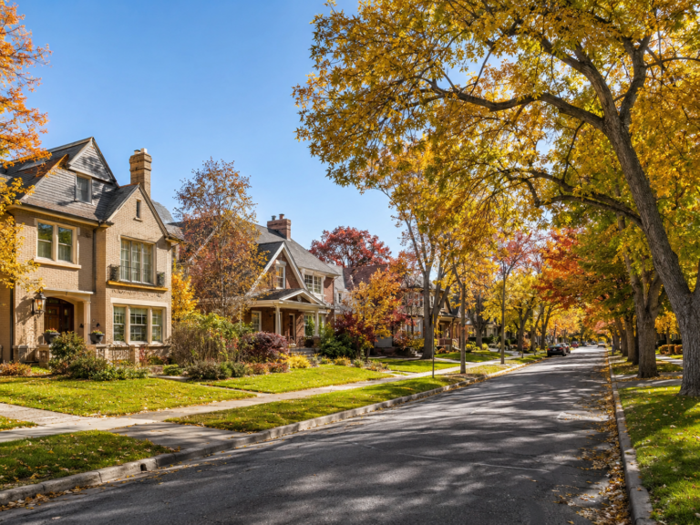 Move to Denver CO in fall — established Denver neighborhoods with mature trees in autumn color